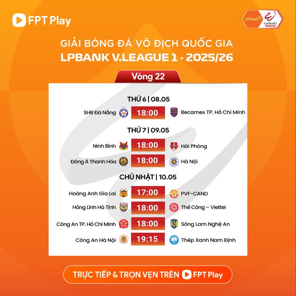 Trực tiếp HAGL vs CAHN vòng 22 V-League tại Hàng Đẫy 19h15 ngày 10/5/2026